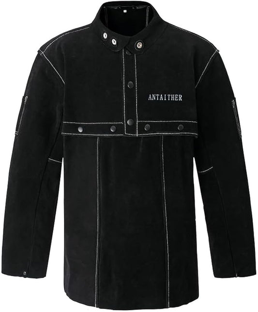ANTAITHER Leather Welding Jacket with Open Back, Bib Apron with Cape Sleeve, Heat Flame Resistant Welder Coat