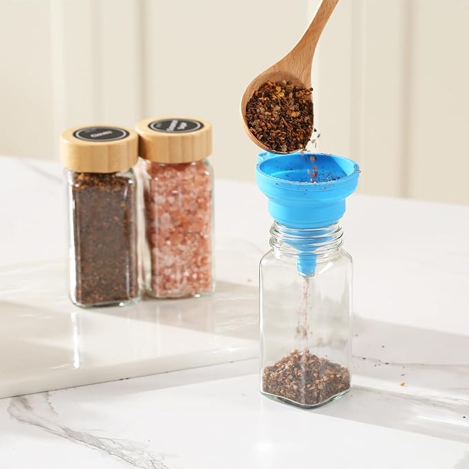 4 oz Glass Spice Jars with Bamboo Lids, Clear Empty Jars with Labels Stickers, Collapsible Funnel, Seasoning Storage Bottles for Spice Racks (24 Pack)