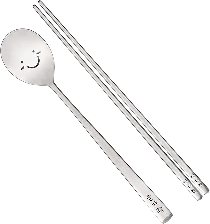 Korean Utensils Chopsticks and Spoon Set Reusable Long Handle Stainless Steel Good for Gift Happy Face & Hangul Characters Engraved Silver