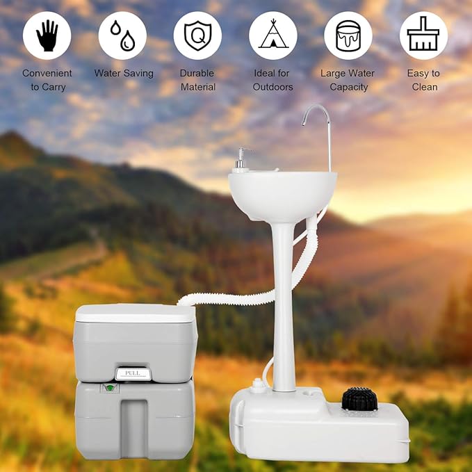 Giantex Outdoor Wash Sink and Potable Toilet Set 4.5 Gallon Sink & 5.3 Gallon Toilet, Flush Wastewater Recycled W/Tower Holder, Level Indicator, 3 Way Flush for Camping Portable Sink and RV Toilet