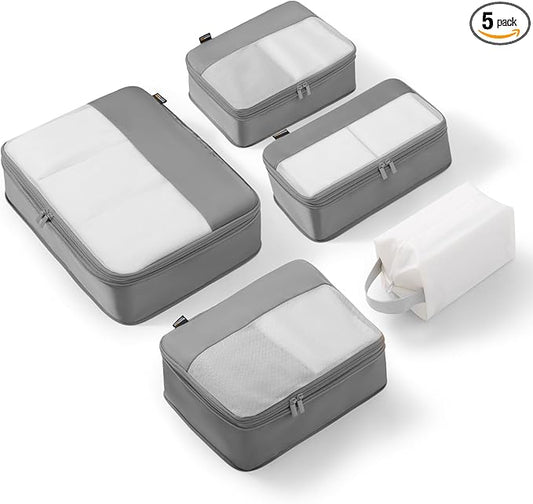 5 Set Compression Packing Cubes for Travel, Space Saving Luggage Organizer Bags (Silver)