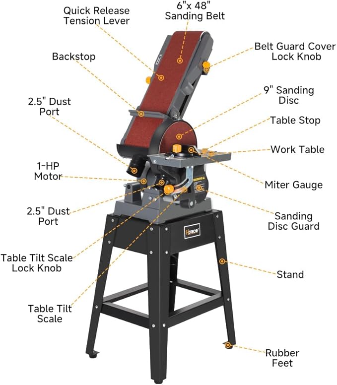 Hoteche 7.9-Amp 6-Inch x 48-Inch Belt and 9-Inch Disc Sander, 1-HP Power Combination Sander with Open Stand, Heavy-Duty Benchtop Sander for Woodworking and Metal, Dust Collection System