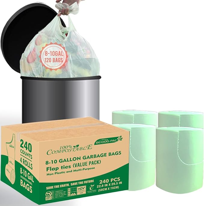 8-10 Gallon Flap Tie Compostable Trash Bags, 240 Count, Compost Bags Kitchen Trash Bags, Sturdy Biodegradable Garbage Bags Food Scrap Waste Bags, ASTM D6400, US BPI Certified, Green