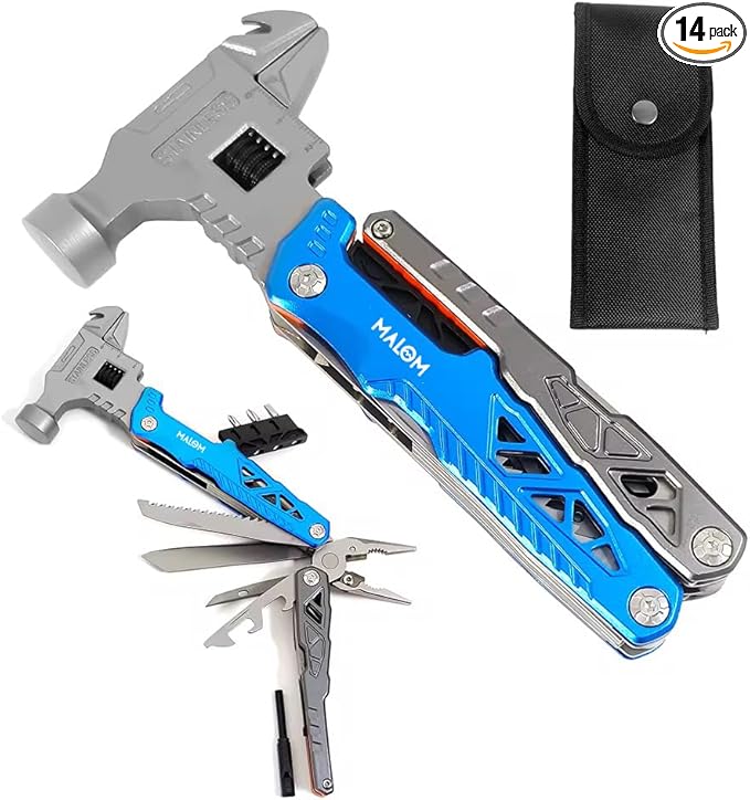 MALOM 18-in-1 Upgraded adjustable Hammer, Stainless Steel multitool Pliers with Replaceable Tungsten Wire Cutters, Bottle Opener, Nylon Sheath, Ideal for Camping, Survival, Hunting (Blue)