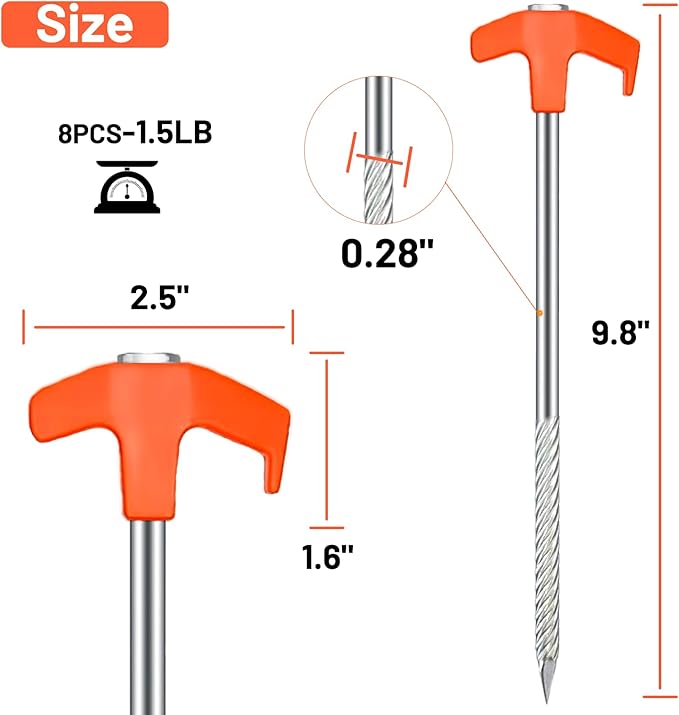 8Pcs Heavy Duty Tent Stakes AVOFOREST 9.8 inch Tent Stakes Portable Camping Stakes for Camping Patio, Garden, Canopies, Grassland, Outdoor Orange