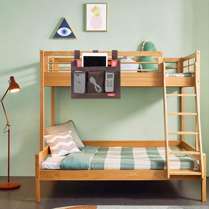 Hanging Bedside Caddy, Bedside Storage Organizer for Magazine, Phone, Remote control (Classic4 Pockets-Coffee)