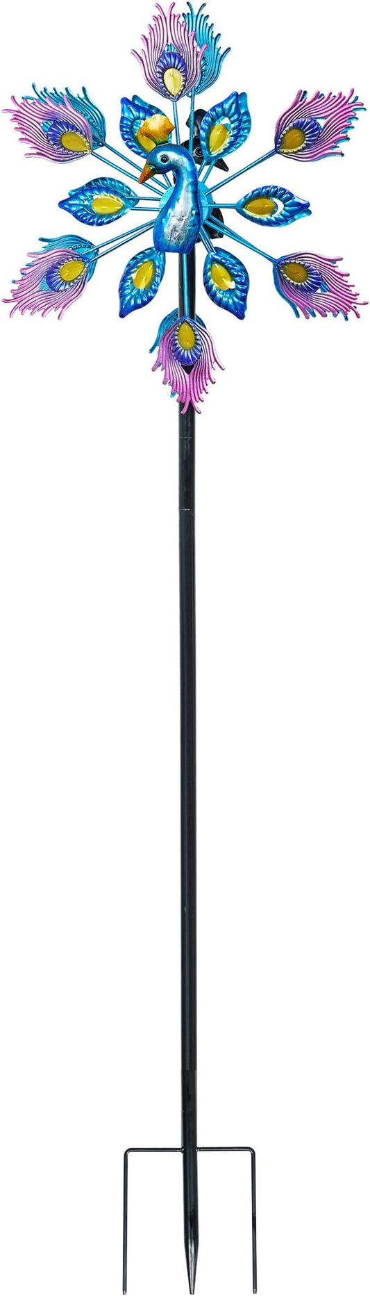 Alpine Corporation SLL2430 Double Layer Peacock Kinetic Wind Spinner Garden Stake, Colorful Statement Garden Décor, 55" H