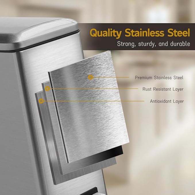 Bathroom Trash Can, 10L/2.6 Gallon Stainless Steel Step Slim Garbage Can, Pedal Trash Bin with Removable Liner Bucket, Soft Close Lid, Rectangle Trash Bin for Office, Kitchen, Bedroom