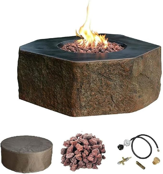 Elementi | Columbia Gas Fire Pit Cast Concrete Semi-Round Fire Table, Outdoor Fire Pit Electronic Ignition | Canvas Cover, Lava Rock Included | Propane Gas