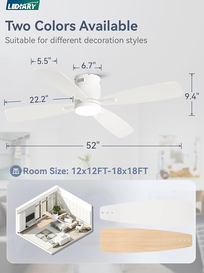 LEDIARY 52 inch Ceiling Fans with Lights and Remote Control,Flush Mount Ceiling Fan with Quiet Reversible DC Motor,White Modern Low Profile Ceiling Fan with Light for Bedroom Living Room Patio