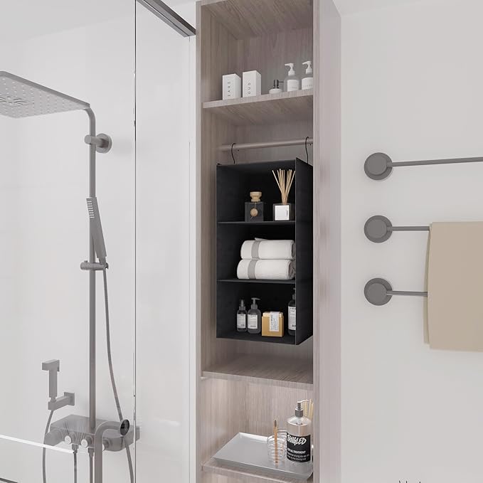 Hanging Closet Organizer - 3-Shelf, Easy Mount Foldable Wardrobe Storage Shelves for Clothes, Handbags, Shoes & Accessories - Washable Oxford Cloth Fabric, Black