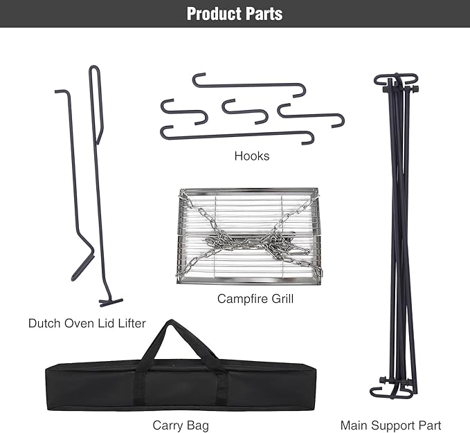 Lineslife Grill Swing Campfire Cooking Stand with Adjusatble Stainless Steel Grill Grate, Collapsible BBQ Grill with Hooks and Accessories for Outdoor Camping Cookware & Dutch Oven