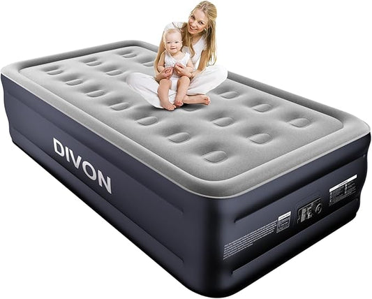 DIVON Twin Air Mattress with Built in Pump Raised, 2 Min Self Inflatable Mattress, 18’’ Blow up Mattress for Adults, 330 LBS Portable Air Bed for Guest, Camping, Travel & Floor, Dark Blue