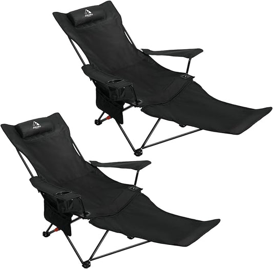 2-in-1 Reclining Camping Chair, Portable Folding Beach Lounge Chair with Footrest & Adjustable Backrest, Comfortable Lawn Chair for Adults Heavy Duty with Cup Holder for Outdoor Poolside Sports