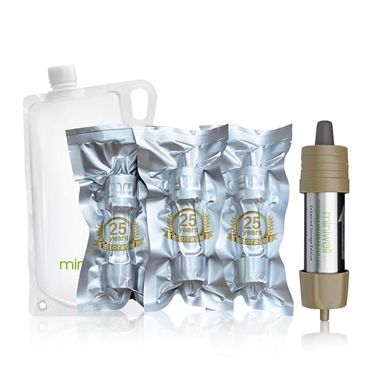 Miniwell L630 Portable Water Filter with Upgraded Vacuum Packaging - 25 Year Storage, Long Lasting and Versatile Usage Options, 3 Pack Filter and 1L Bottles