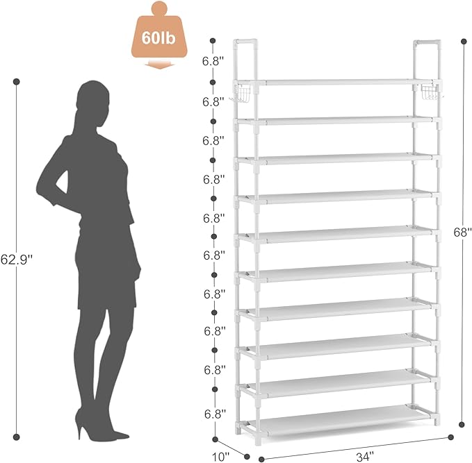 VTRIN 10 Tiers Shoe Rack Tall Large Capacity 50 Pairs Wide Shoe Organizer Sturdy Shoe Shelf for Entryway with Two Hooks Metal Shoe Storage for Closet, Bedroom, White, XJ-113