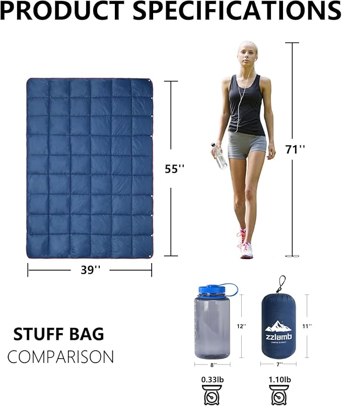 zzlamb Camping Blanket, Compact Lightweight Soft Puffy Blanket Water-Repellent, Packable Warm Quilt Down Alternative Picnic Hiking Backpacking Beach Travel RV Airplane Couch Car