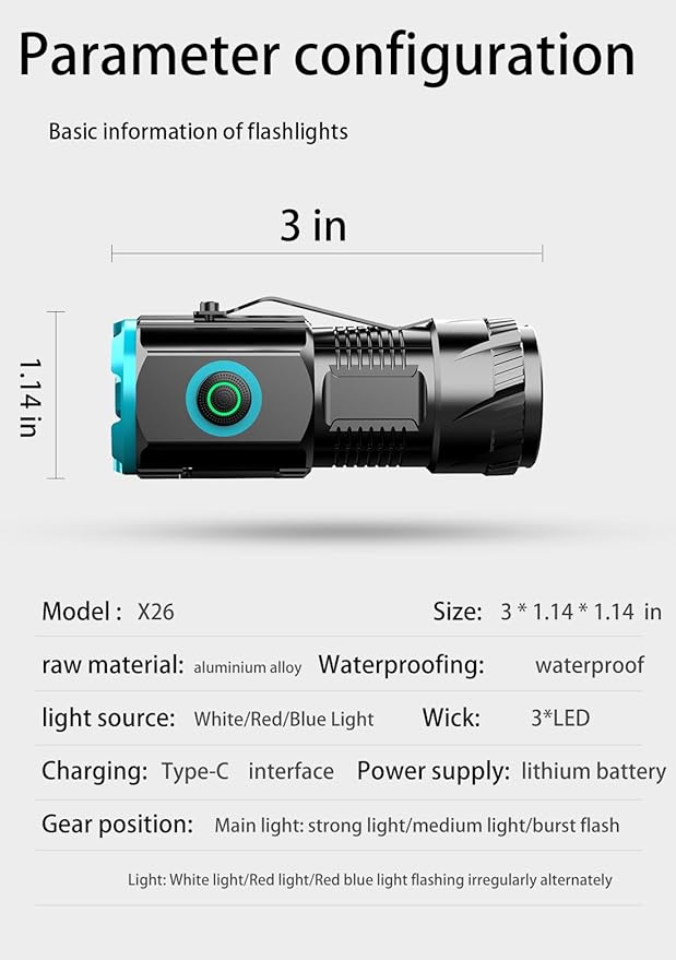 Mini Multifunction Rechargeable Multi Function 1000 Lumens LED Flashlight, with Emergency Strobe Light and 1200 Mah Battery, Emergency Power Supply and USB Charging Cable, Fast Charging
