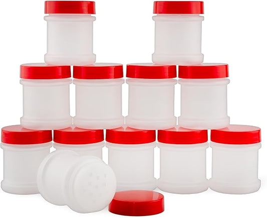 Cornucopia Brands Mini Plastic Spice Jars w/Sifters (12-Pack, Red); 2 Tablespoon Capacity (1 Fluid Ounce) Spice Bottles for Travel, Glitter, Gifts, Favors, Etc.