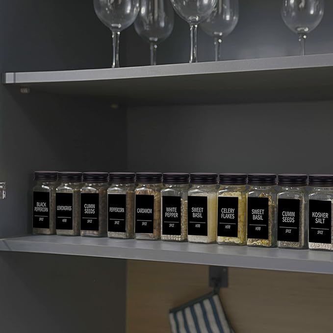 Churboro 25 Spice Jars with 547 Labels- Glass Spice Jars with Black Metal Caps, 4oz Empty Spice Containers with Shaker Lids, Funnel, Chalk Pen, Square Seasoning Bottles for Spice Rack, Drawer, Cabinet