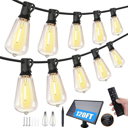 120FT Solar String Lights Outdoor,Solar Patio Lights Waterproof with Remote & 40+2 Dimmable ST38 Shatterproof LED Bulbs,Commercial Grade Solar Powered String Lights for Outside
