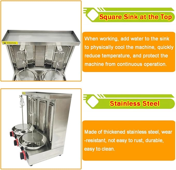 LP Gas Shawarma Grill Machine Vertical Broiler Rotating Doner Kebab Machine Countertop Rotisserie Gyro Grill Oven with 3 Burners for Home Kitchen Adjustable Tempereture