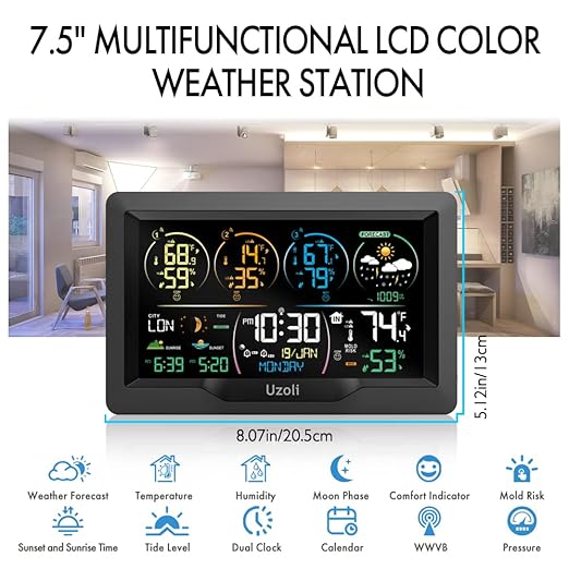 Uzoli EM3390 7.5" Weather Station, Weather Station Wireless Indoor Outdoor Thermometer, Digital Weather Stations 3 Sensors with Atomic Clock, Barometer, Moon Phase, Large Screen Monitor for Home Use
