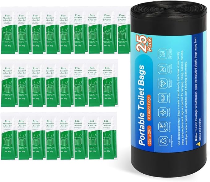 25 Portable Camping Toilet Bags Poo Gel Set, Biodegradable Compostable Thickened for 5 Gallon Bucket Toilet