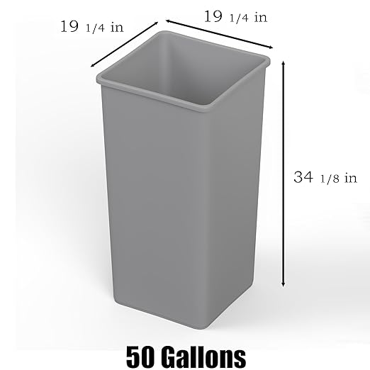 50 Gallon Gray Square Commercial Trash Garbage Can | Outdoor Office Restaurant School Kitchen