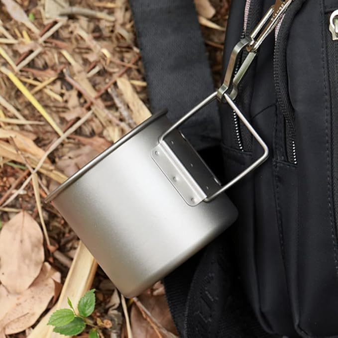 TOMSHOO Titanium Mug 650ml/22 oz Camping Pot with Lid - Foldable Handle Coffee Cup for Hiking, Travelling, Backpacking, Open Fire