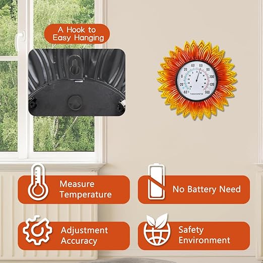 Sunflower Outdoor Thermometer, 12" Metal Wall Themometer, No Need Battery Indoor Thermometer with Large Number Easy to Read for Patio Room Decor