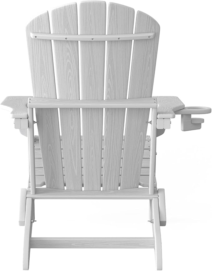 Folding Adirondack Chair, SGS Tested, Wooden Textured with Cup Holder, Heavy All-Weather HDPE Comfortable Set Poolside Backyard Lawn White