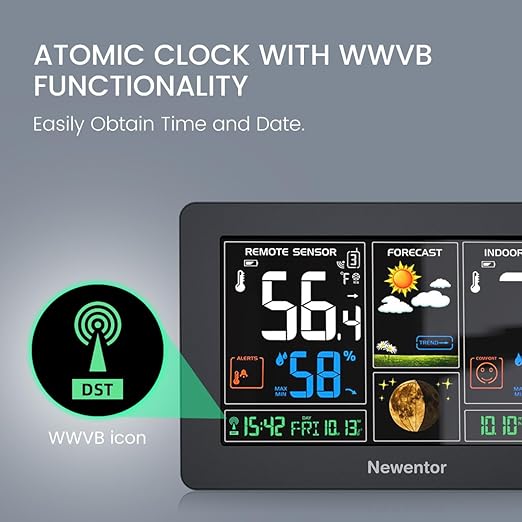 Newentor Weather Station Wireless Indoor Outdoor Thermometer, Color Display Digital Weather Thermometer with Atomic Clock, Barometric Pressure, Forecast Station with Adjustable Backlight,Black,2Sensor