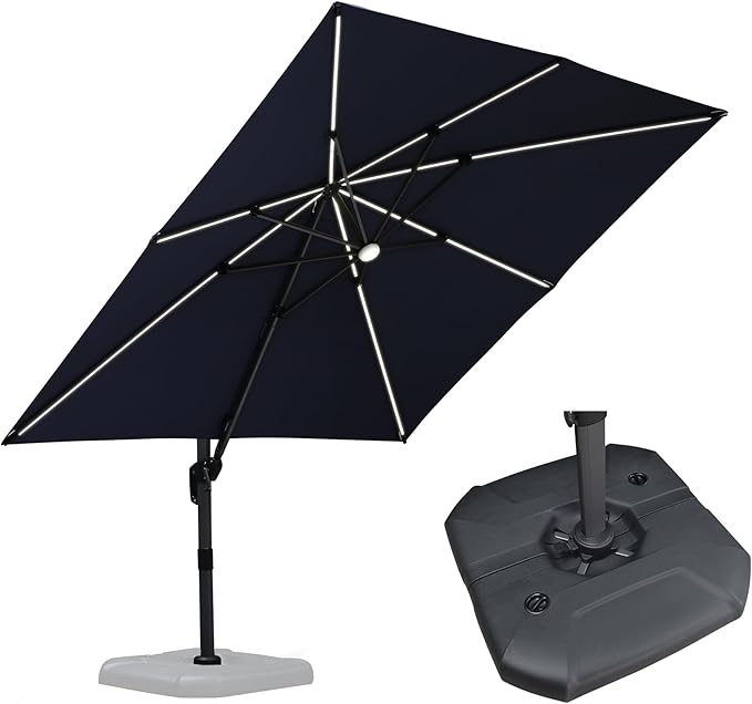 PURPLE LEAF 10 Feet Patio Umbrella with Base Outdoor Cantilever Solar Powered LED Square Umbrella Aluminum Offset Umbrella with 360-degree Rotation for Garden Deck Pool Patio Navy