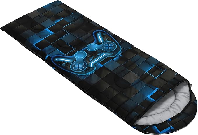 Axolotl Gamepad Sleeping Bag,3 Season Warm and Cool Weather Game Console Sleeping Bag for Boys Teens,Waterproof Lightweight Geometry Hexagonal Sleeping Bag for Traveling,Outdoors Camping,Blue,Black
