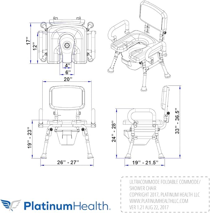 Platinum Health UltraCommode™ Foldable Commode and Shower Chair, Soft, Warm, Portable XL Toilet Seat with Open Front, Padded Pivoting Armrests, Adjustable Height, Includes Free Commode Pail, Blue