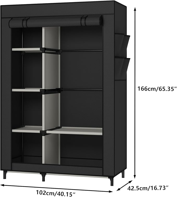 Calmootey Portable Closet Organizers, Clothing Storage, Wardrobe with 6 Shelves and Hanging Rod, Non-Woven Fabric Cover with 4 Side Pockets, Black
