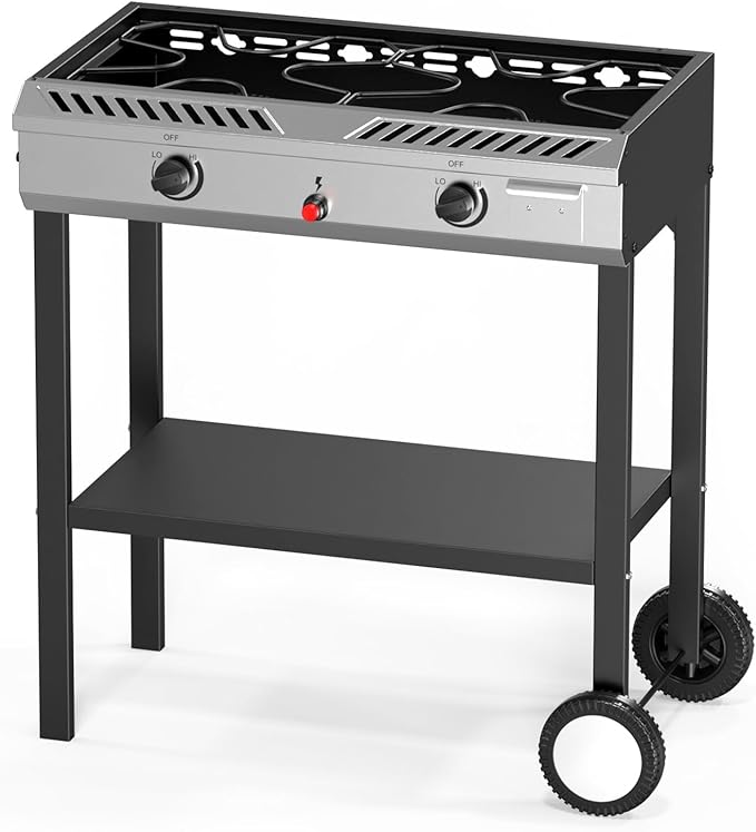Bonnlo 2 Burner Propane Gas Stove with Auto Ignition, 150,000 BTU Portable Outdoor Camp Cooker Stove with Convenient Shelf & Smooth Rolling Wheels for Backyard, Camping, Tailgating, Patio Parties
