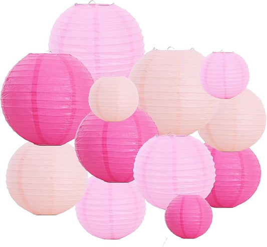 BEISHIDA 12 Pcs Pink Mix Paper Lanterns,Hanging Decorative Chinese Japanese Round Paper Lantern Lamp for Valentine's Day Girls' Party Wedding Children Home Party Decoration