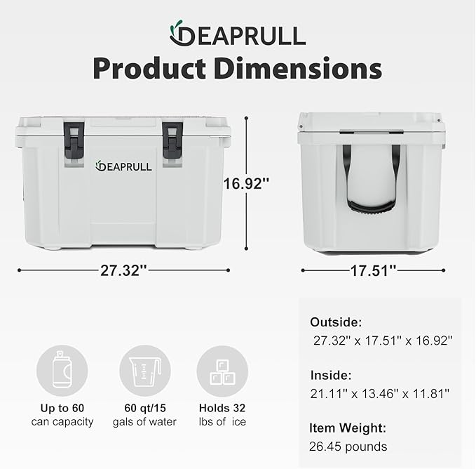 Hard Cooler, Insulated Ice Chest Box Holds Ice for More Days, Portable Cooler with Handle, Cup Holders, Double Latches for Camping Drink, Beach, Picnic, Fishing, Boat, Barbecue