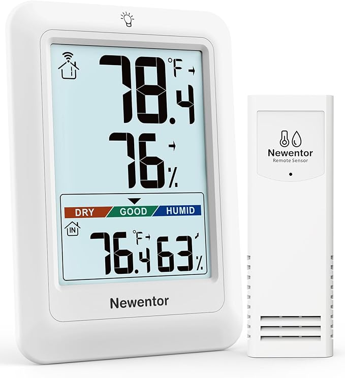 Newentor Indoor Outdoor Thermometer Wireless, Remote Temperature Monitor Hygrometer, Outside Inside Thermometers with Comfort Indicator, 4 Inch Screen, 328ft Range for Home Patio, White with 1 Sensor