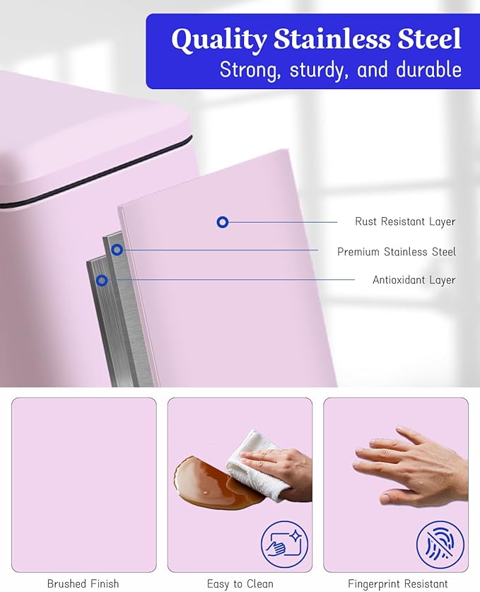 JM.YIPENG 17L Rubbish Bin, Pedal Bin with Lid and Foot Pedal with Inner Bucket, Rectangular Pedal Bin for Living Room, Office, Pink