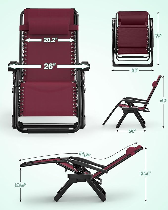 ZENPETIO Zero Gravity Lounge Chair, Foldable Outdoor Recliner with Detachable Cushion, Portable Anti Gravity Lounger for Camping, Patio, Poolside, Lawn - Burgundy