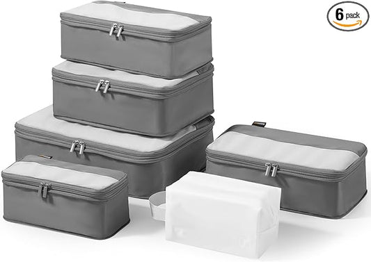 6 Set Compression Packing Cubes for Travel Essentials, Luggage Organizers for Suitcases (Silver)