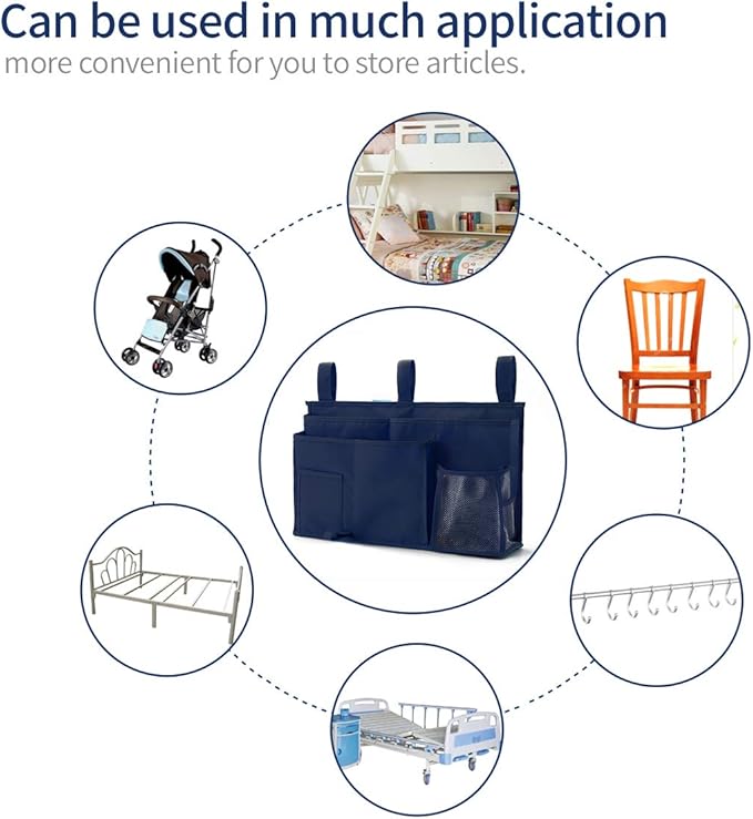Bseash Bunk Bed Organizer, Bedside Caddy Hanging Bed Organizer Storage Bag 8 Pockets, for College Dorm Rooms Bed, Hospital Bed, Baby Bed Rails, 600D Oxford Cloth (Navy Blue)