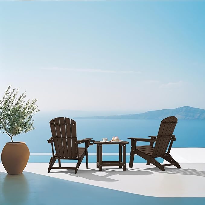 Folding Adirondack Chair, SGS Tested, Wooden Textured with Cup Holder, Heavy All-Weather HDPE Comfortable Set Poolside Backyard Lawn Coffee