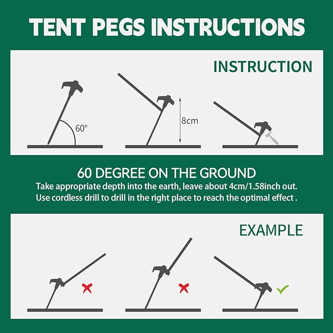 20 Pack 8" Screw in Tent Stakes for Drilling with Hex Heads - Heavy Duty Stainless Steel Tent Pegs/Nails/Spikes, Ground Anchors, Grow in Dark - for Camping, Grassland, Portable Box (White)