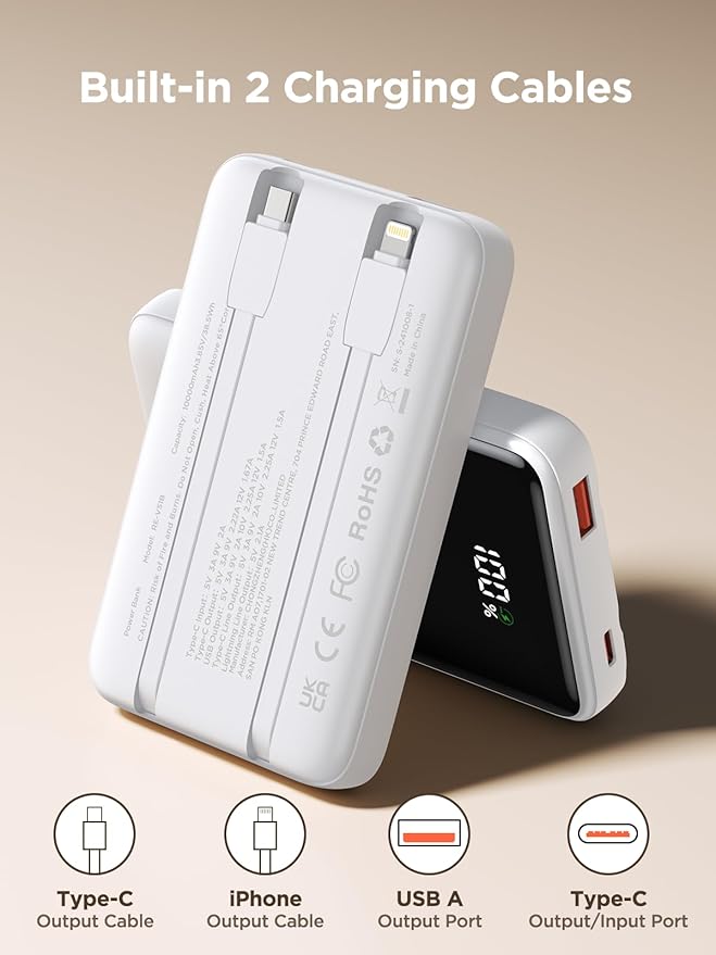 Aioneus Portable Charger, 10000mAh Power Bank 22.5W Fast Charging Portable Charger with Built in Cable Battery Pack USBC Travel Charger for iPhone11 12 13 14 15 16 Samsung Galaxy S24 S23 Android Phone