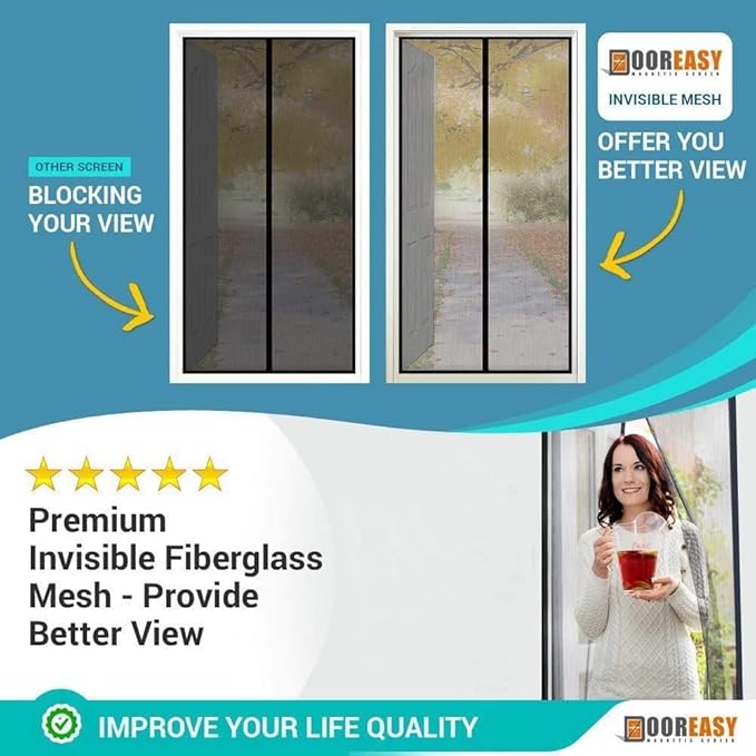 DOOREASY Magnetic Screen Door, Reinforced Polyester Screen Door, Self Sealing Magnets, Pet and Kid Friendly, Easy Installation Door Mesh Screen Size 38" x 81", Fit Door Size 36 x 80 inch