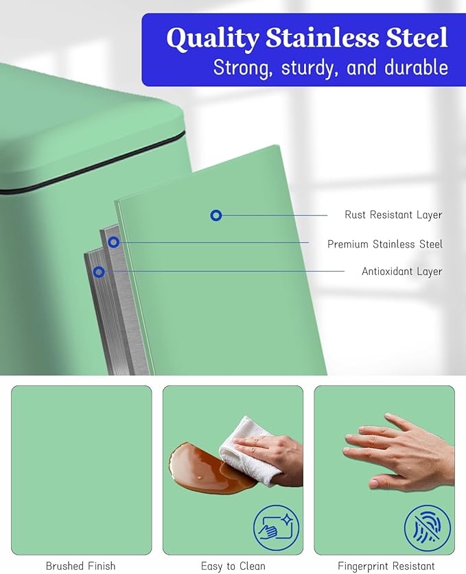 Bathroom Trash Can with Lid，5 Liter / 1.3 Gallon Small Trash Can with Removable Liner Bucket, Soft Close lid & Step Pedal, Stainless Steel Trash Bin for Bathroom,Bedroom,Home Office, Green